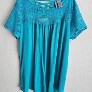 Baby doll spring boho Cottagecore green/ Teal Lace Short Sleeve pullover top L